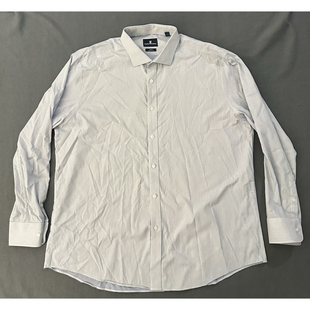 Psycho Bunny Dress Shirt Mens 17 34/35 Blue Check Slim Fit Stretch Non Iron